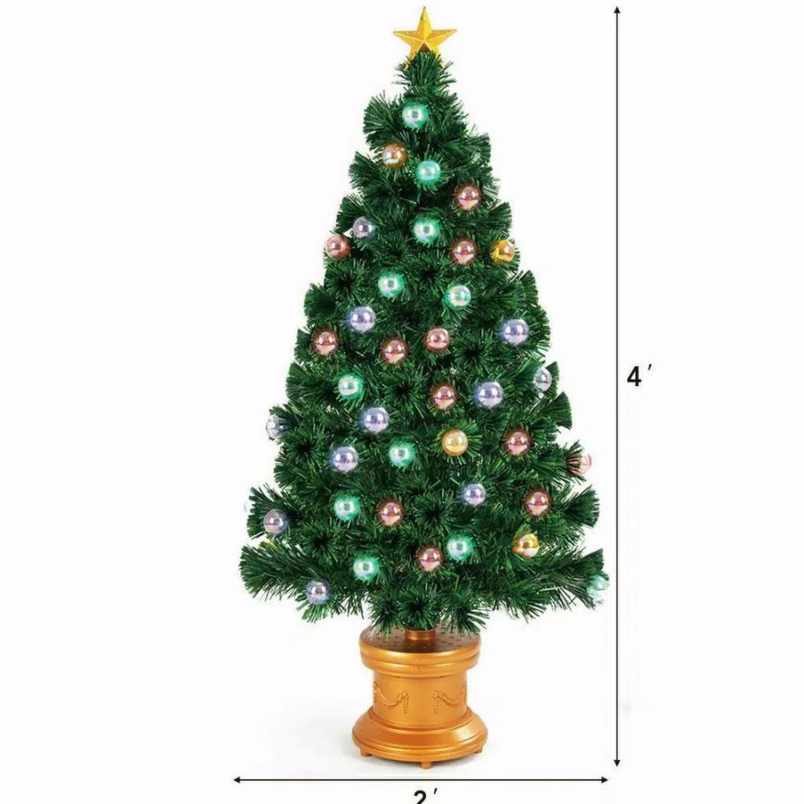 Christmas Trees * | Costway 4 Ft. Pre-Lit Christmas Tree Fiber Optical Firework With Ornaments And Gold Top Star