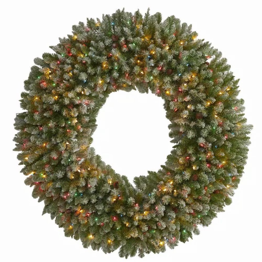 Christmas Greenery * | Nearly Natural 5 Ft. Pre-Lit Giant Flocked Artificial Christmas Wreath With 280 Multi-Colored Lights And Pine Cones