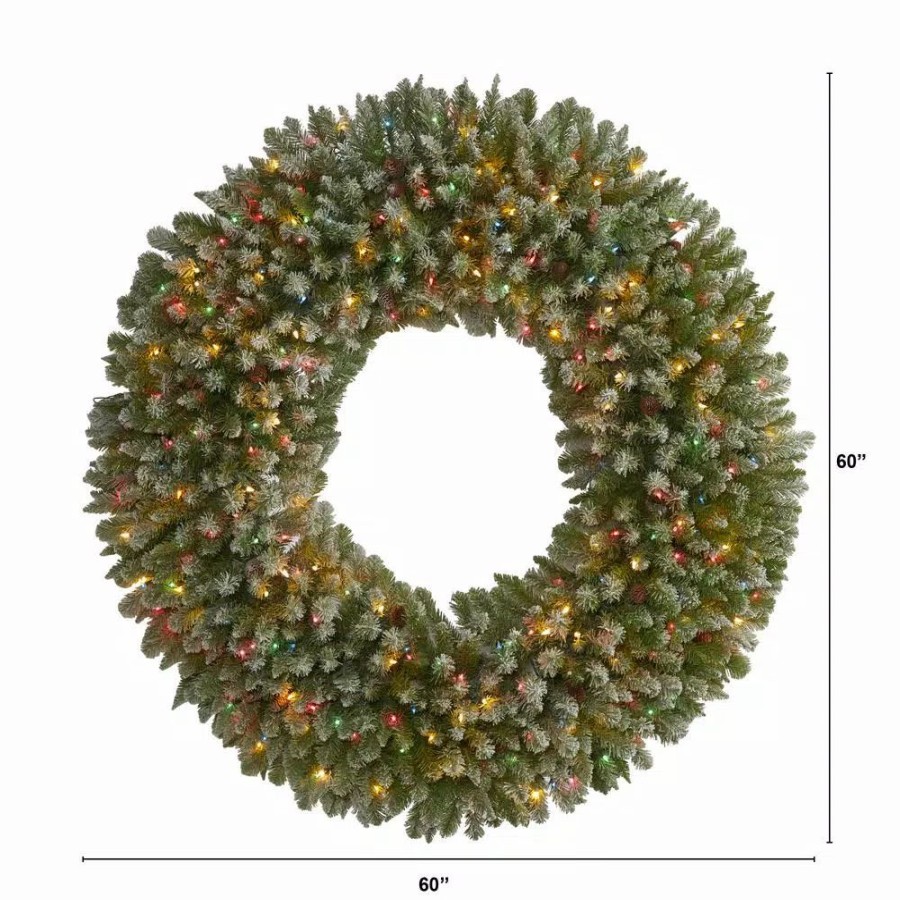 Christmas Greenery * | Nearly Natural 5 Ft. Pre-Lit Giant Flocked Artificial Christmas Wreath With 280 Multi-Colored Lights And Pine Cones