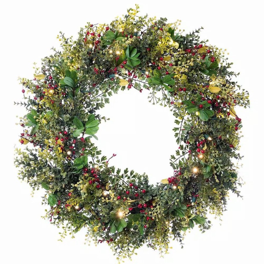 Christmas Greenery * | Village Lighting Company 30 In. Pre-Lit Led Christmas Boxwood And Berry Wreath