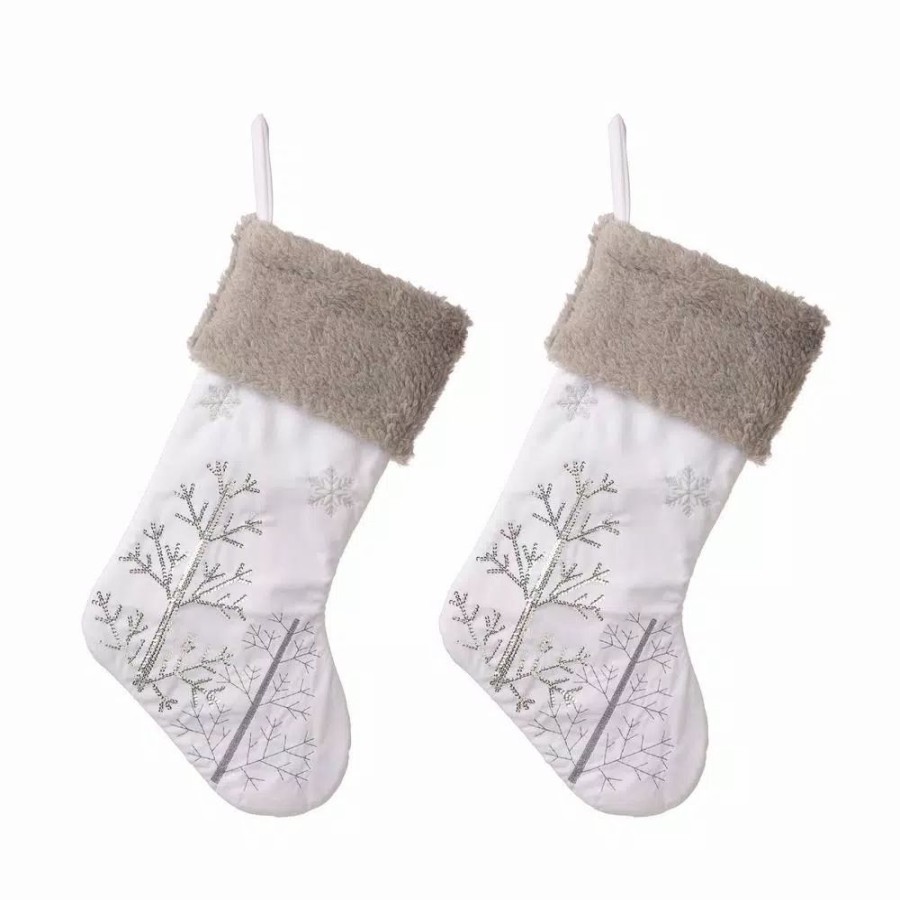 Indoor Christmas Decorations * | Glitzhome 21 In. H Polyester White Fleece Stocking With Christmas Tree And Snowflake (2-Pack)