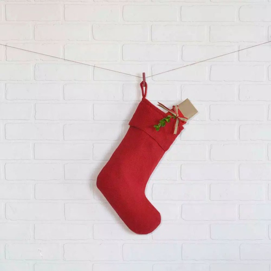 Indoor Christmas Decorations * | Vhc Brands 15 In. 100% Cotton Red Festive Burlap Farmhouse Christmas Decor Stocking