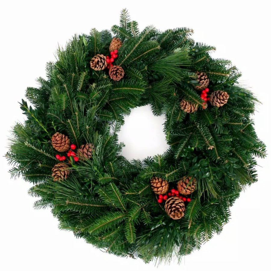 Christmas Greenery * | Van Zyverden 24 In. Live Fresh Cut Blue Ridge Mountain Mixed Christmas Wreath With Cones And Berries