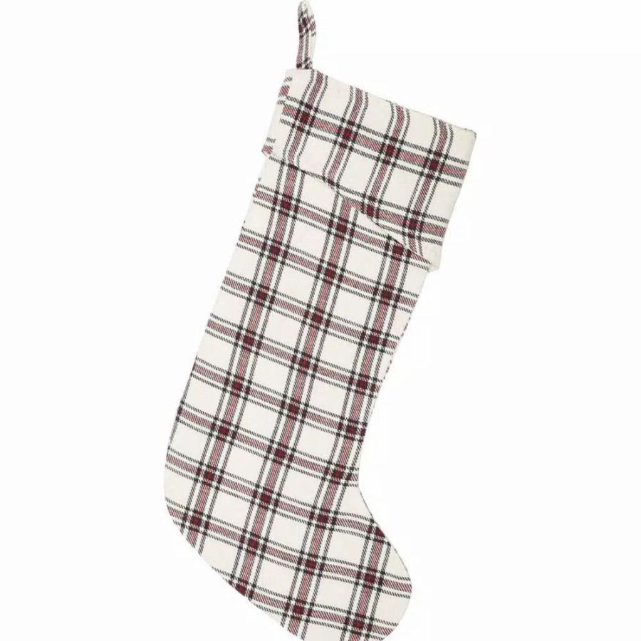 Indoor Christmas Decorations * | Vhc Brands 20 In. 100% Cotton Amory Ivory White Farmhouse Christmas Decor Plaid Stocking