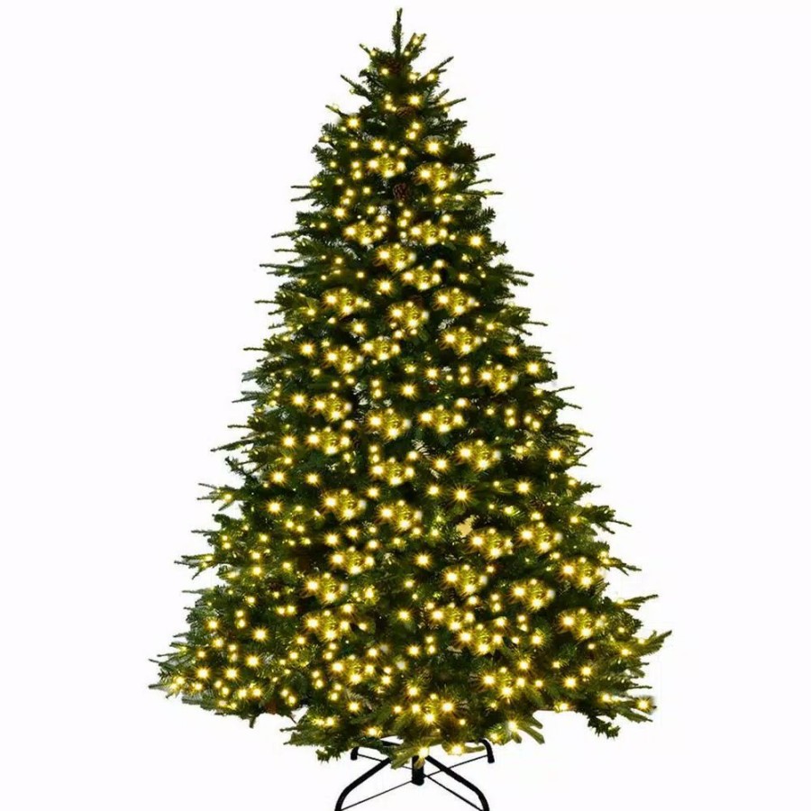 Christmas Trees * | Costway 8 Ft. Pre-Lit Led Artificial Christmas Tree Hinged With 600 Led Lights And Pine Cones