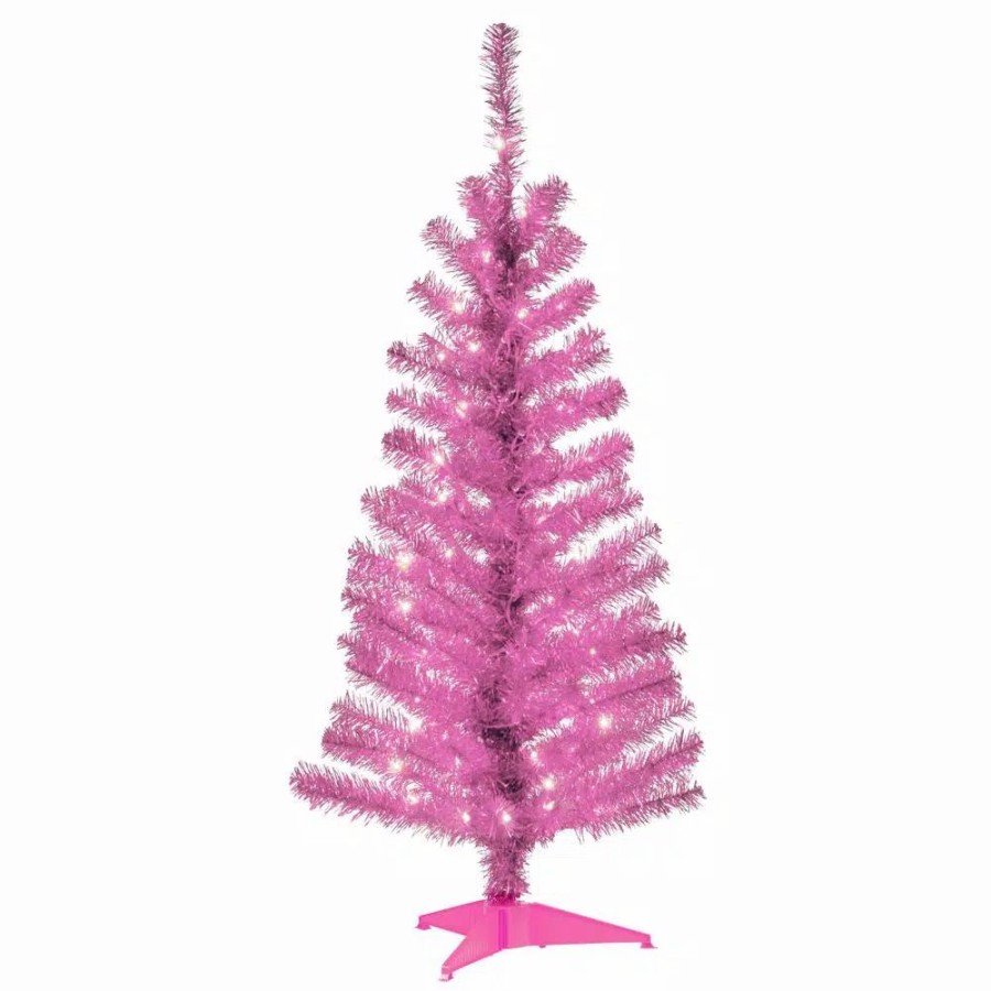 Christmas Trees * | National Tree Company 4 Ft. Pink Tinsel Artificial Christmas Tree With Clear Lights