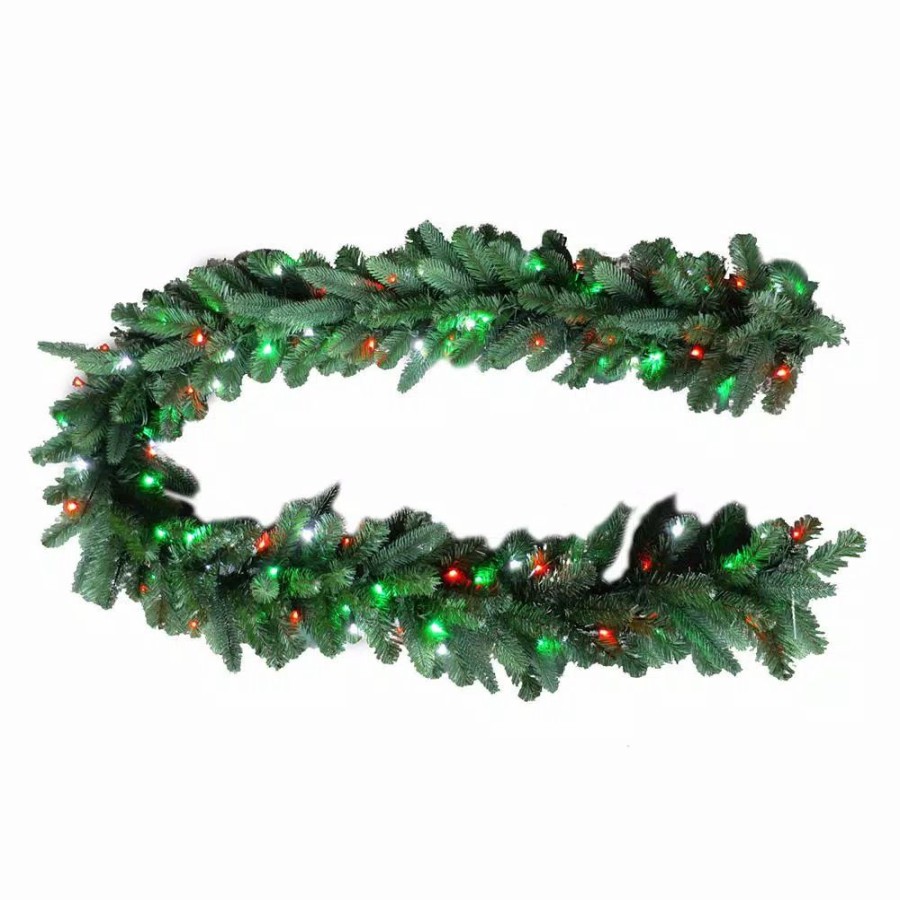 Christmas Greenery * | Home Accents Holiday 9 Ft. Christmas Bright Pre-Lit Led Artificial Spruce Artificial Christmas Garland With Red, Green, Cool White Lights