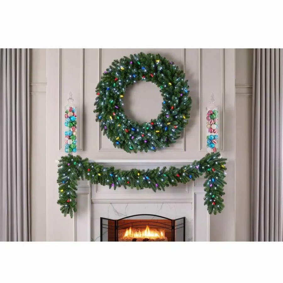 Christmas Greenery * | Home Accents Holiday 9 Ft. Christmas Bright Pre-Lit Led Artificial Spruce Artificial Christmas Garland With Red, Green, Cool White Lights