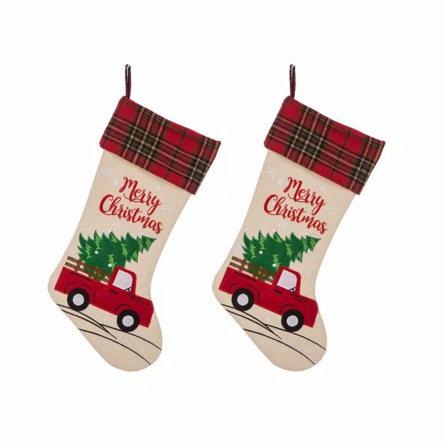 Indoor Christmas Decorations * | Glitzhome 21 In. Polyester Embroidered Linen Christmas Decoration Stocking (2-Pack)