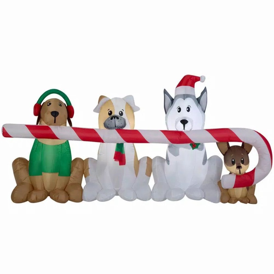 Outdoor Christmas Decorations * | Home Accents Holiday 8 Ft. W Pre-Lit Giant Airblown Inflatable Christmas Puppies With Candy Cane Scene