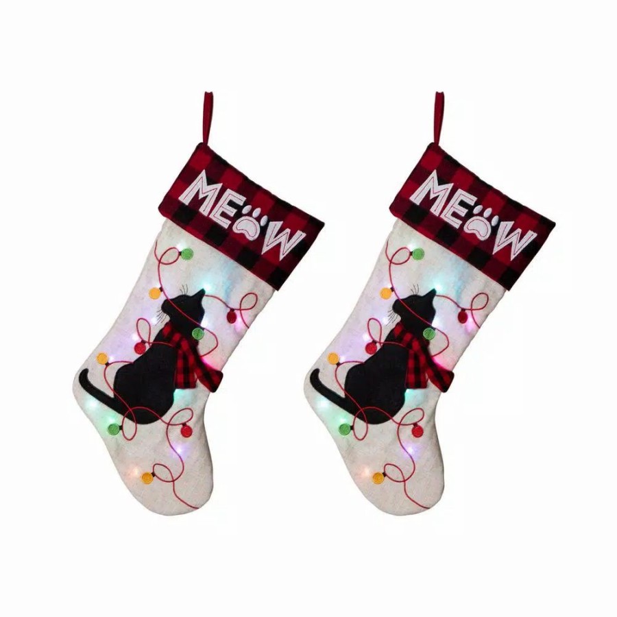 Indoor Christmas Decorations * | Glitzhome 21 In. Polyester Led Embroidered Linen Cat Christmas Stocking (2-Pack)