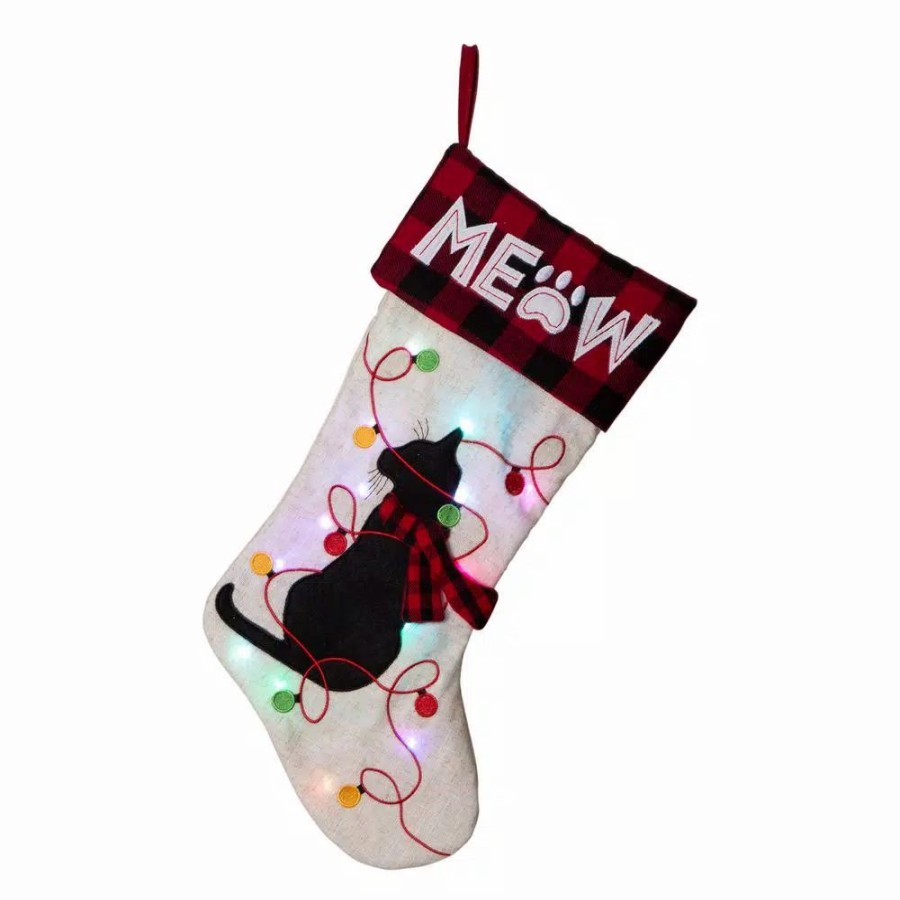 Indoor Christmas Decorations * | Glitzhome 21 In. Polyester Led Embroidered Linen Cat Christmas Stocking (2-Pack)