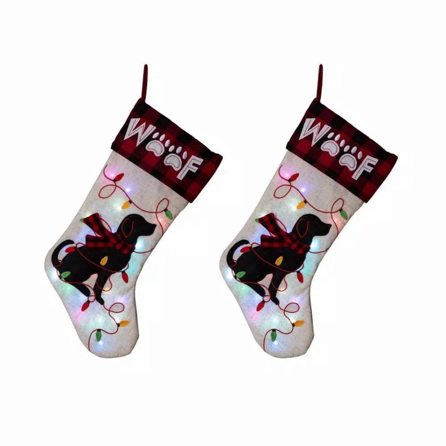 Indoor Christmas Decorations * | Glitzhome 21 In. Polyester Led Embroidered Linen Christmas Dog Stocking (2-Pack)