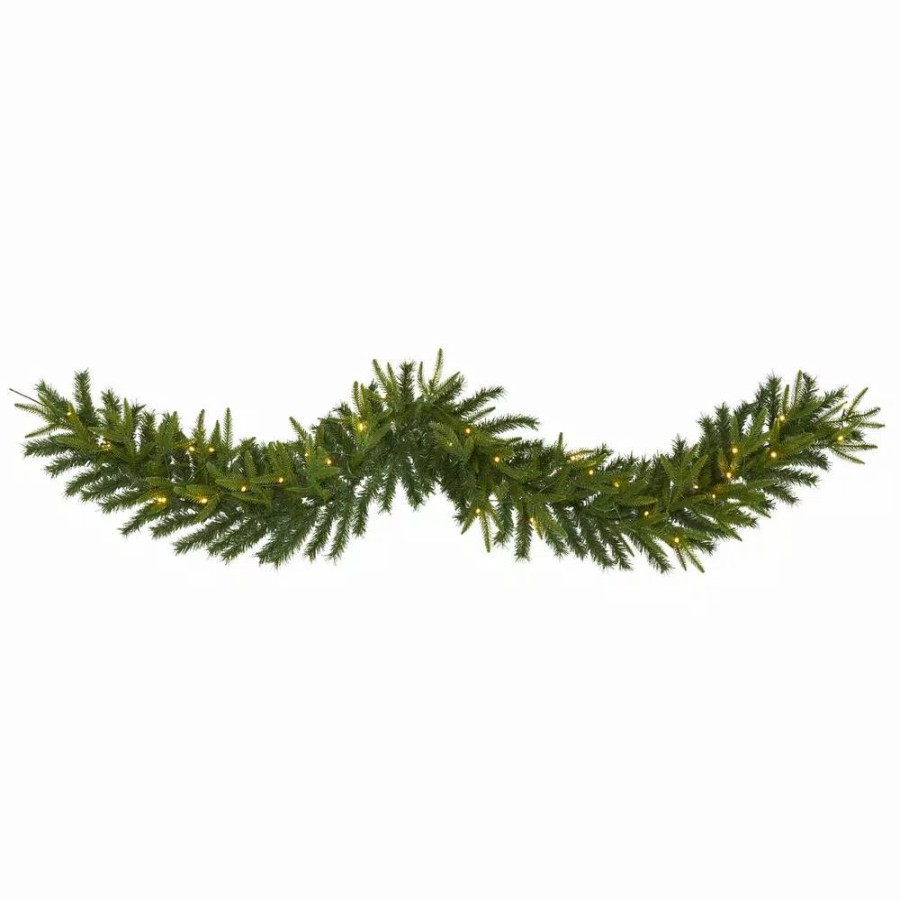 Christmas Greenery * | Nearly Natural 6 Ft. Battery Operated Pre-Lit Green Pine Artificial Christmas Garland With 35 Clear Led Lights