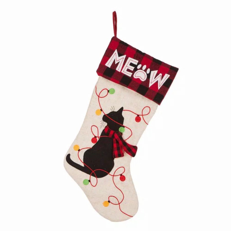 Indoor Christmas Decorations * | Glitzhome 21 In. L Led Embroidered Linen Christmas Stocking Cat