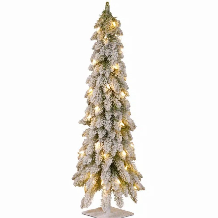 Christmas Trees * | National Tree Company 4 Ft. Snowy Downswept Forstree Artificial Christmas Tree With Metal Plate And Clear Lights