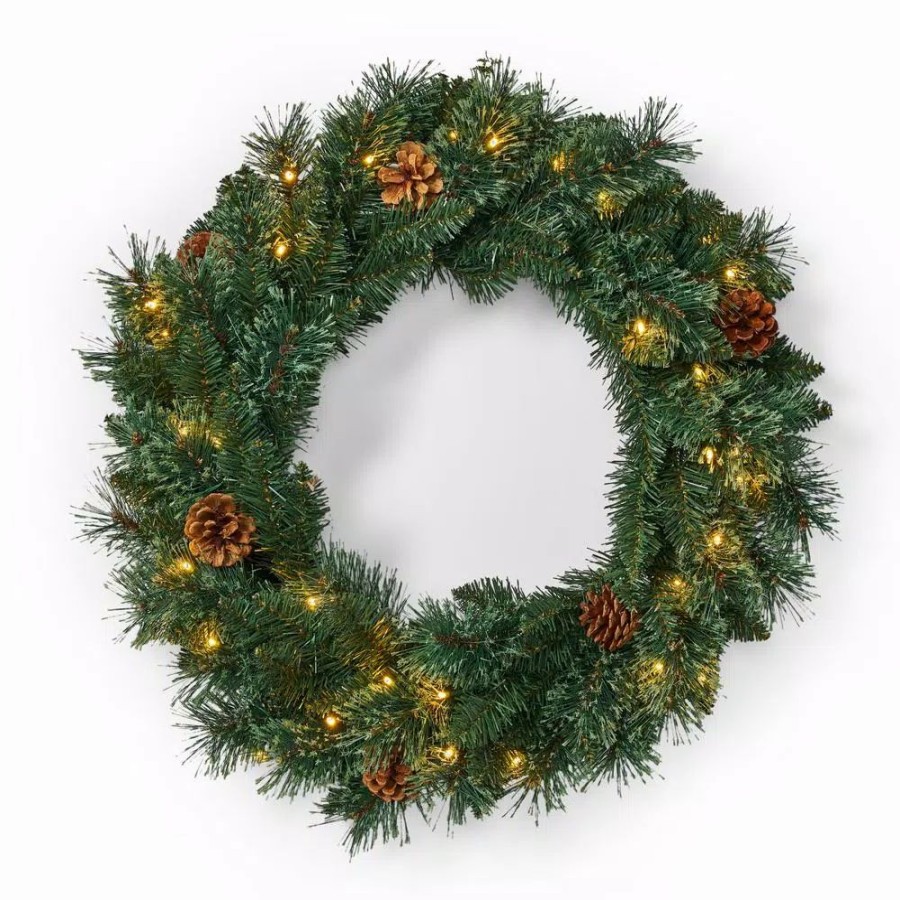 Christmas Greenery * | Noble House 24 In. Green Battery Operated Pre-Lit Warm White Led Mixed Pine Artificial Christmas Wreath With Pine Cones