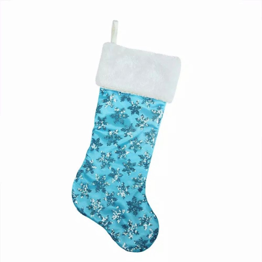 Indoor Christmas Decorations * | Northlight 20.5 In. Ice Palace Blue Sequin Snowflake Christmas Stocking With White Faux Fur Cuff