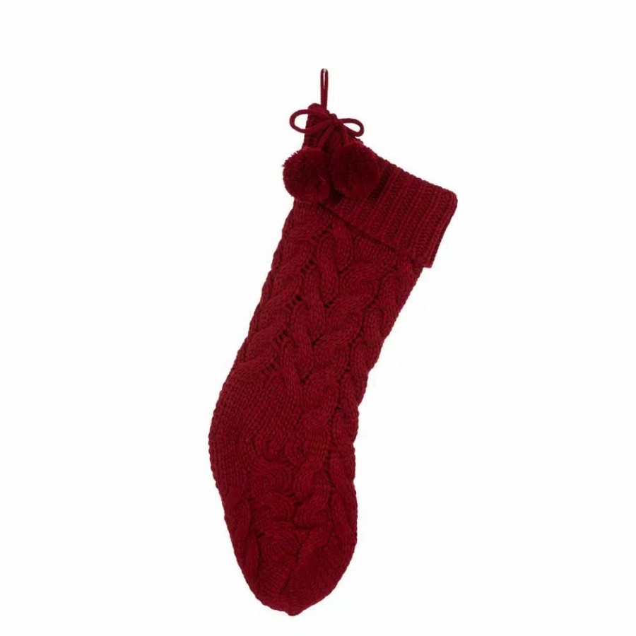 Indoor Christmas Decorations * | Glitzhome 24 In. H Knitted Polyester Christmas Stocking With Pom Ball-Red