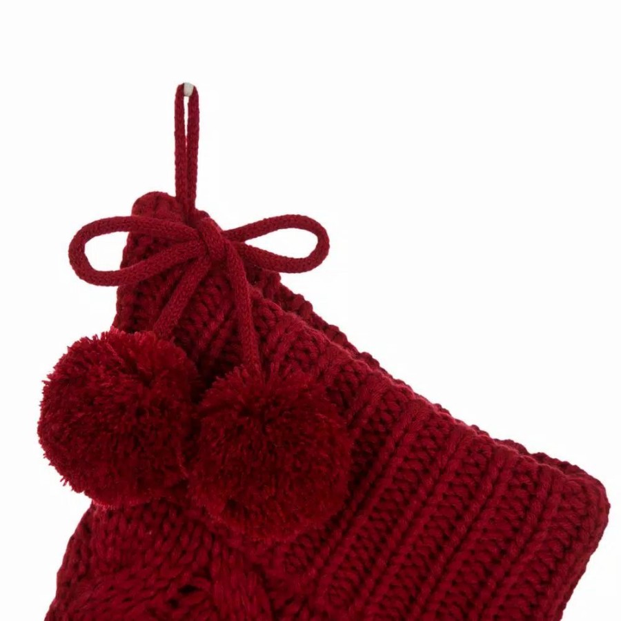 Indoor Christmas Decorations * | Glitzhome 24 In. H Knitted Polyester Christmas Stocking With Pom Ball-Red