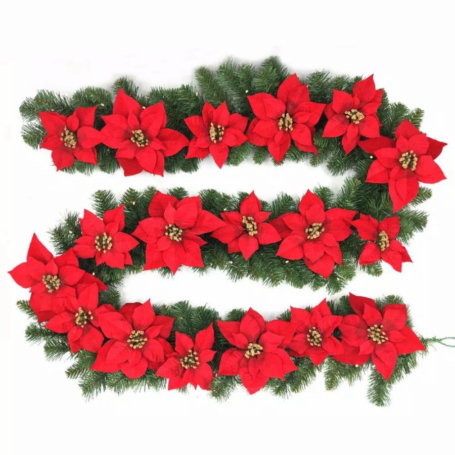 Christmas Greenery * | Home Accents Holiday 9 Ft. Berry Bliss Battery Operated Pre-Lit Led Artificial Christmas Garland With Poinsettia