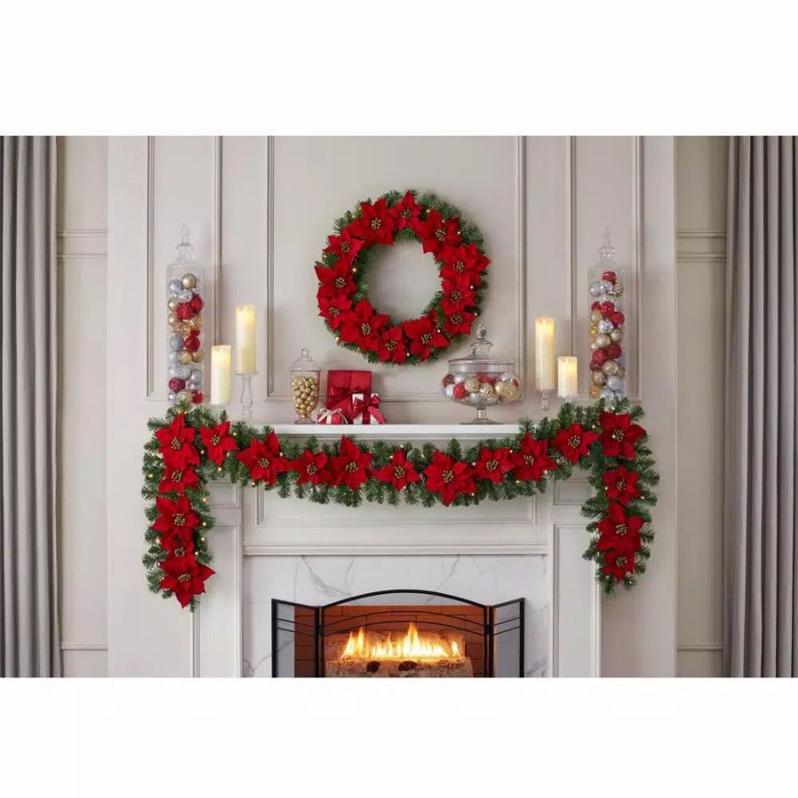 Christmas Greenery * | Home Accents Holiday 9 Ft. Berry Bliss Battery Operated Pre-Lit Led Artificial Christmas Garland With Poinsettia