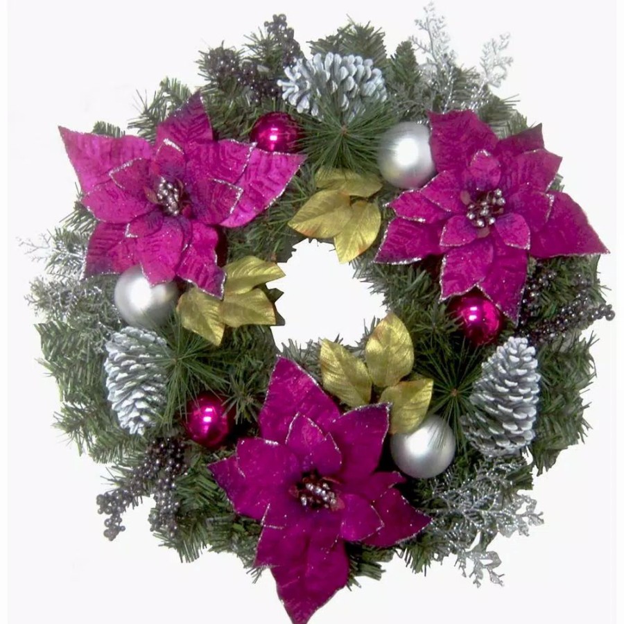 Christmas Greenery * | Fraser Hill Farm 24 In. Artificial Christmas Wreath With Faux Poinsettia Blooms, Ornaments, And Pinecones