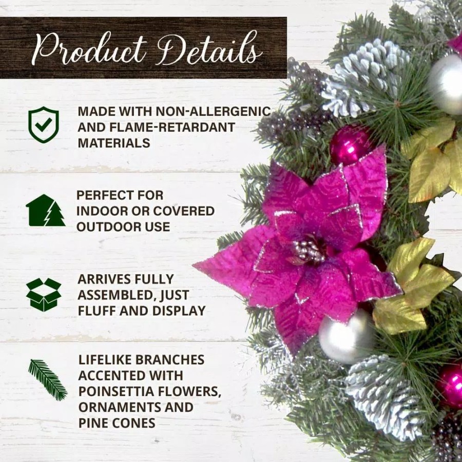 Christmas Greenery * | Fraser Hill Farm 24 In. Artificial Christmas Wreath With Faux Poinsettia Blooms, Ornaments, And Pinecones