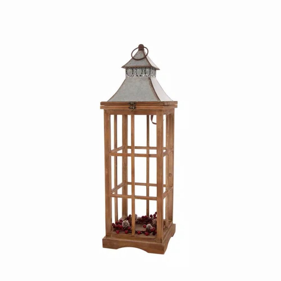 Indoor Christmas Decorations * | Glitzhome Brown Christmas Farmhouse Wood/Metal Lanterns (Set Of 2)