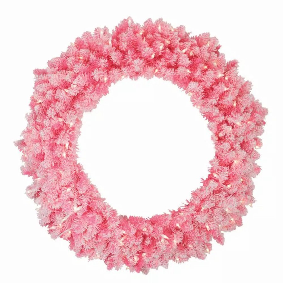 Christmas Greenery * | Northlight 36 In. Pre-Lit Flocked Pink Artificial Christmas Wreath With Clear Lights