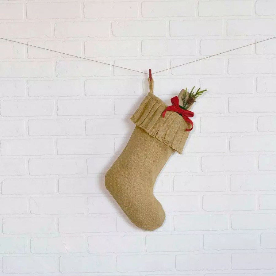 Indoor Christmas Decorations * | Vhc Brands 15 In. 100% Cotton Natural Festive Burlap Farmhouse Christmas Decor Ruffled Stocking