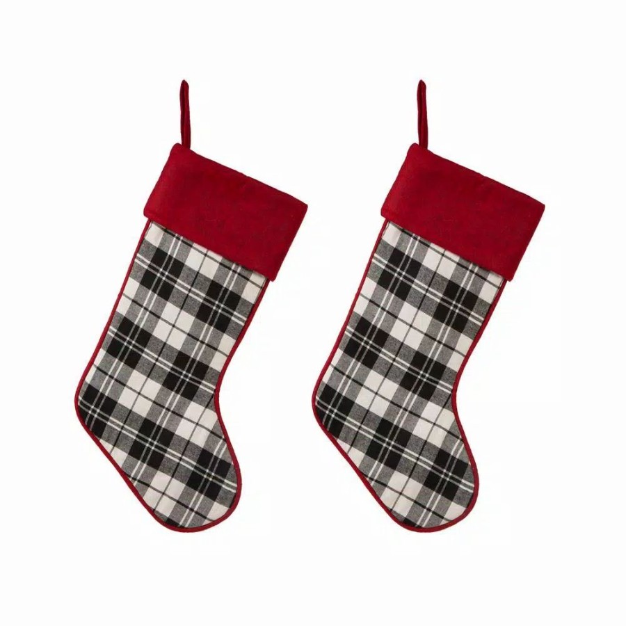 Indoor Christmas Decorations * | Glitzhome 20 In. Black And White Cotton/Spandex Plaid Fabric Cotton Christmas Stocking Decoration (2-Pack)