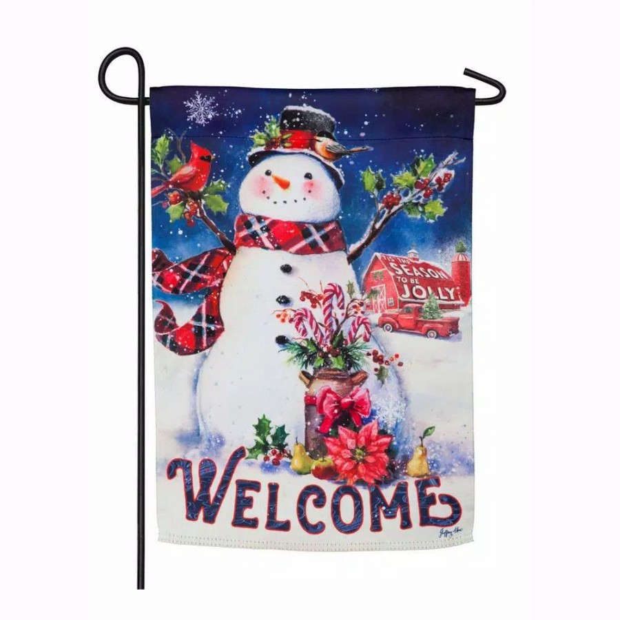 Outdoor Christmas Decorations * | Evergreen 18 In. X 12.5 In. Christmas Barn Snowman Garden Suede Flag