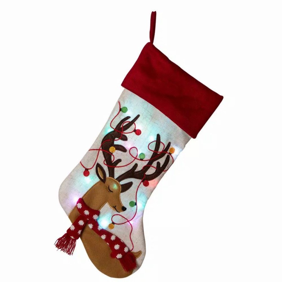 Indoor Christmas Decorations * | Glitzhome 21 In. L Led Embroidered Linen Christmas Stocking Reindeer