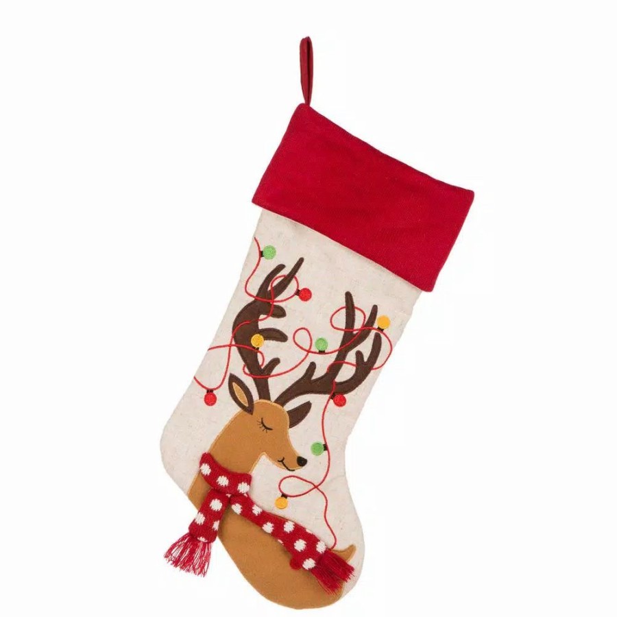 Indoor Christmas Decorations * | Glitzhome 21 In. L Led Embroidered Linen Christmas Stocking Reindeer