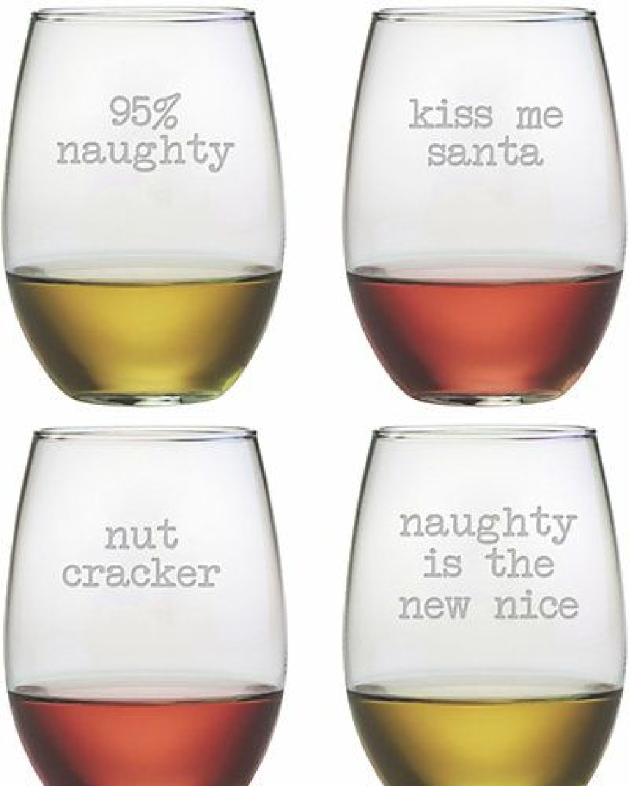 Kitchen & Dining Room * | Naughty Christmas Set Of 4 Stemless Wine Glasses 21Oz Home