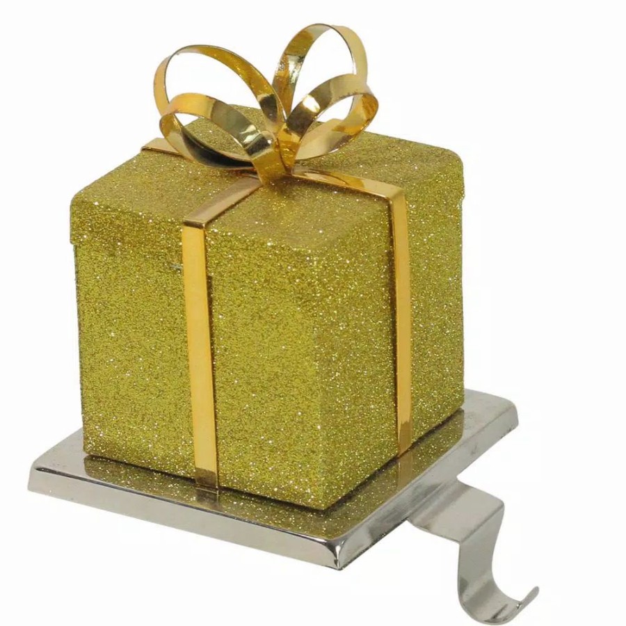 Indoor Christmas Decorations * | Northlight 6 In. Gold Glittered Gift Box Shaped Christmas Stocking Holder