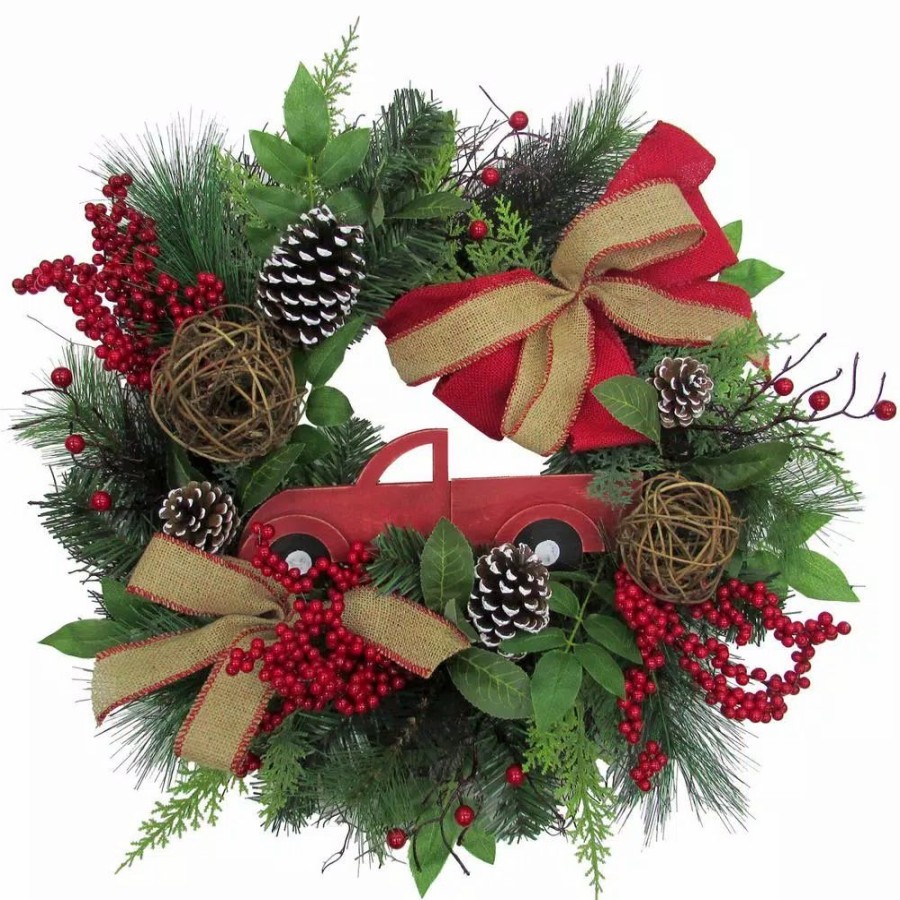 Christmas Greenery * | Fraser Hill Farm 24 In. Artificial Christmas Wreath With Pinecones, Burlap Bows And Wooden Truck Decoration