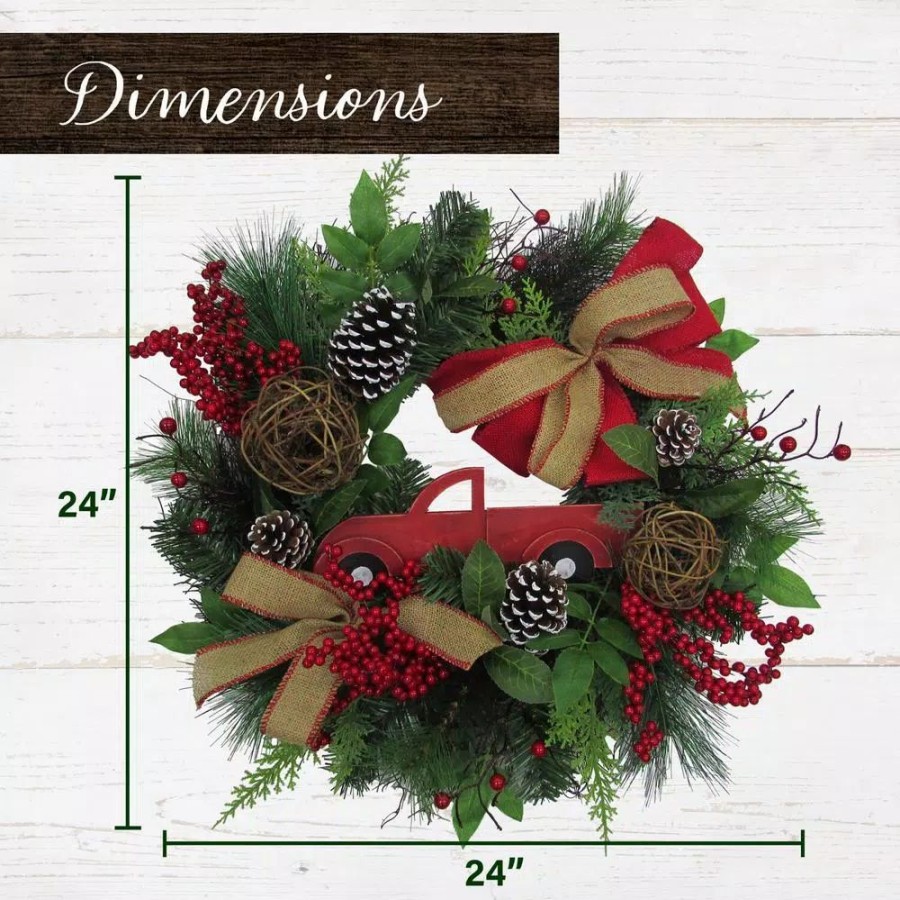 Christmas Greenery * | Fraser Hill Farm 24 In. Artificial Christmas Wreath With Pinecones, Burlap Bows And Wooden Truck Decoration