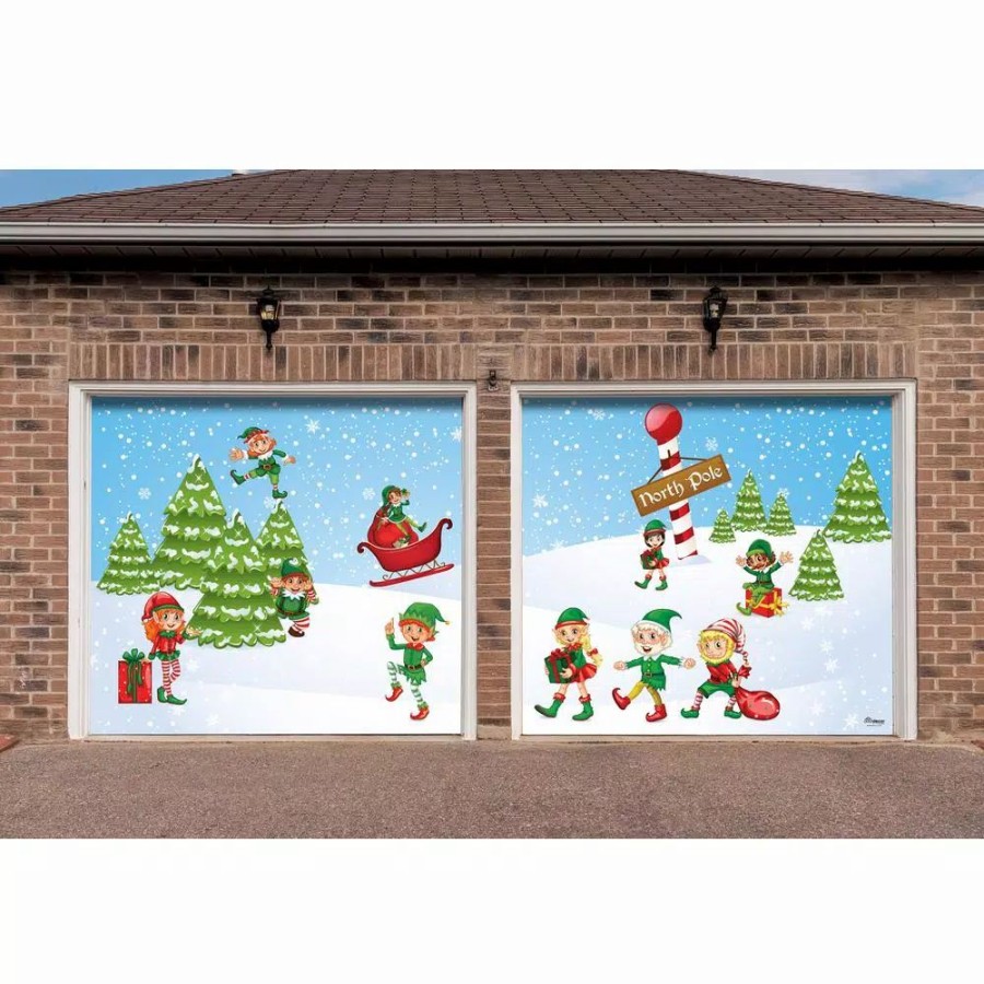 Outdoor Christmas Decorations * | My Door Decor 7 Ft. X 8 Ft. North Pole Elves-Christmas Garage Door Decor Mural For Split Car Garage