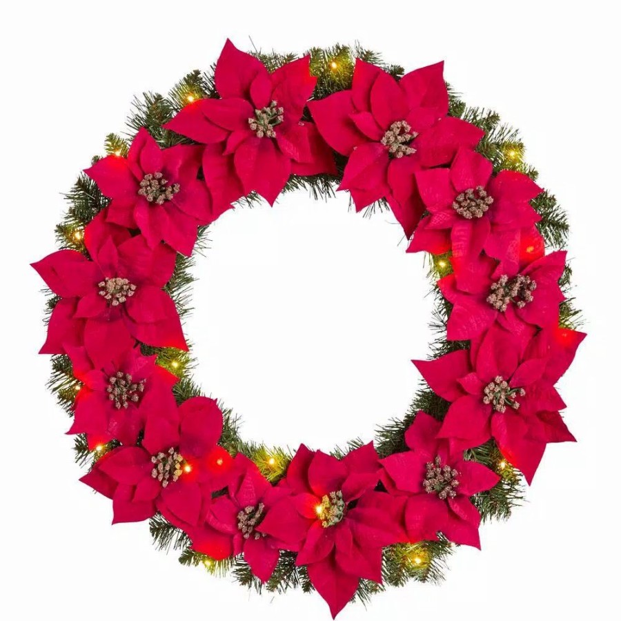 Christmas Greenery * | Home Accents Holiday 30 In. Berry Bliss Battery Operated Pre-Lit Led Artificial Christmas Wreath With Poinsettia