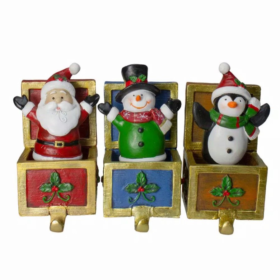 Indoor Christmas Decorations * | Northlight Santa Snowman And Penguin Jack In The Box Christmas Stocking Holders (Set Of 3)