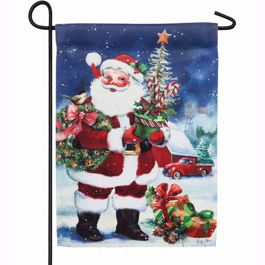 Outdoor Christmas Decorations * | Evergreen 18 In. X 12.5 In. Christmas Barn Santa Garden Suede Flag