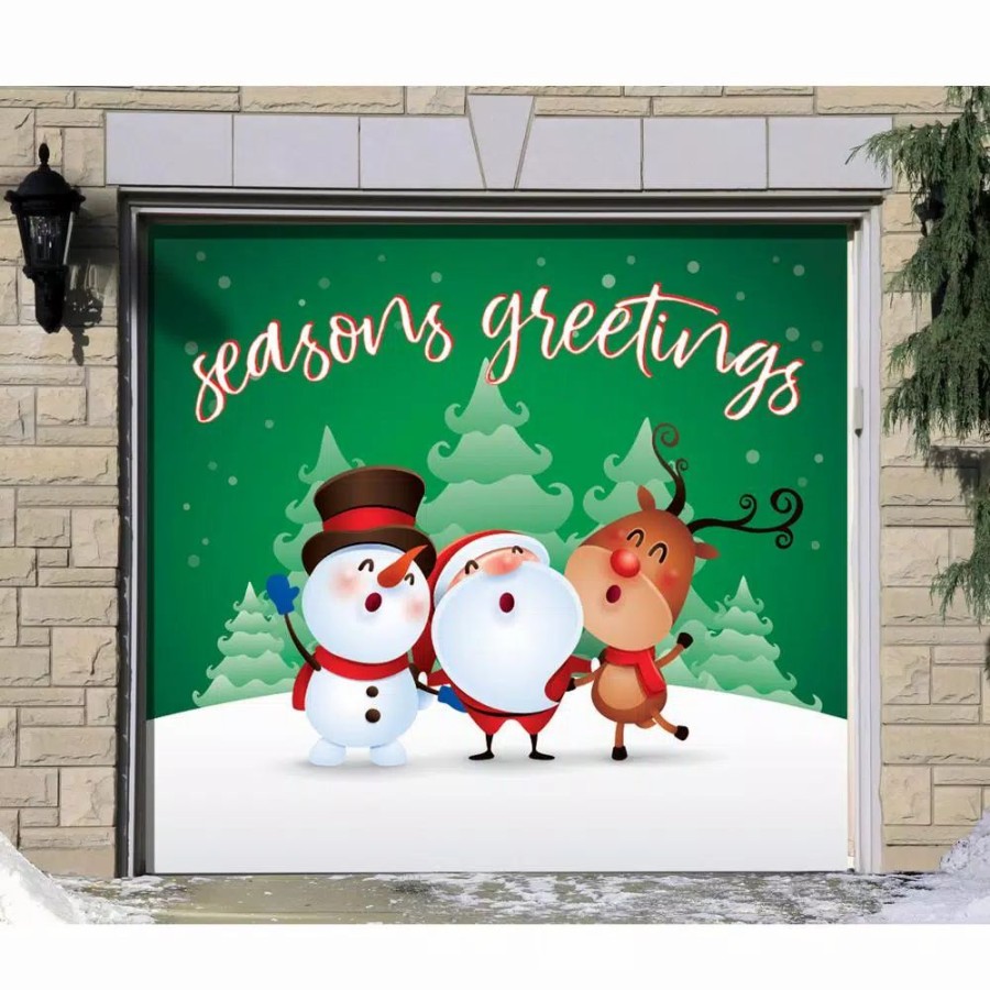 Outdoor Christmas Decorations * | My Door Decor 7 Ft. X 8 Ft. Christmas Characters Seasons Greetings-Christmas Garage Door Decor Mural For Single Car Garage